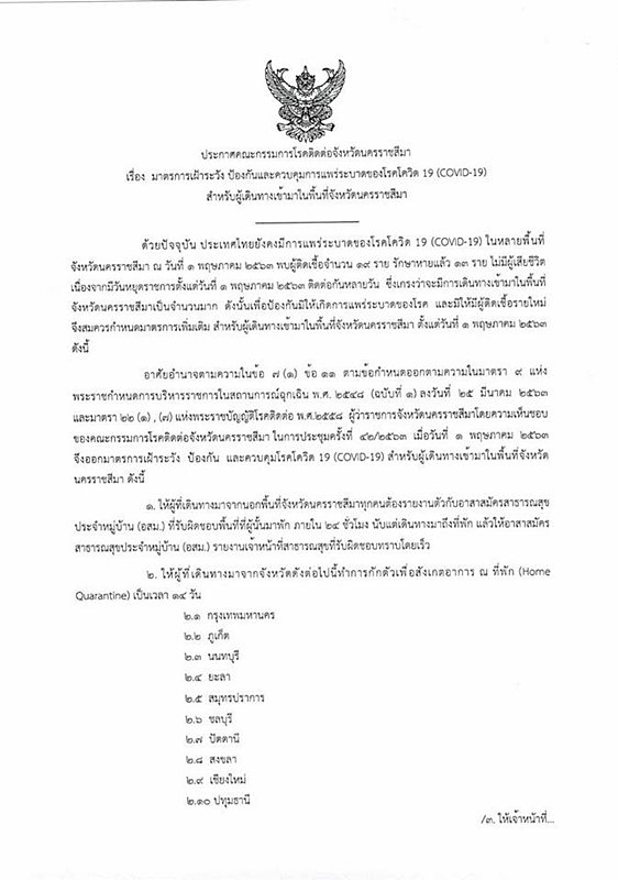 Nakhon Ratchasima announced that surveillance measures to prevent and control Covid revealed that people in 10 provinces traveling to the area must be detained for 14 days.