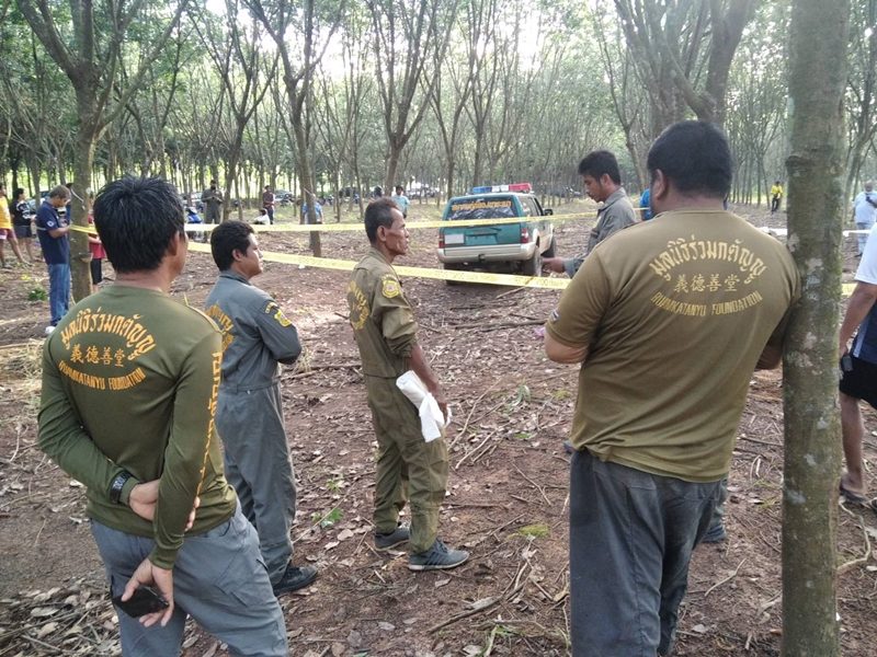 Villagers frightened by wild elephants stomping and stabbing a young man with a torn chest.  He died in the rubber plantation in Rayong province