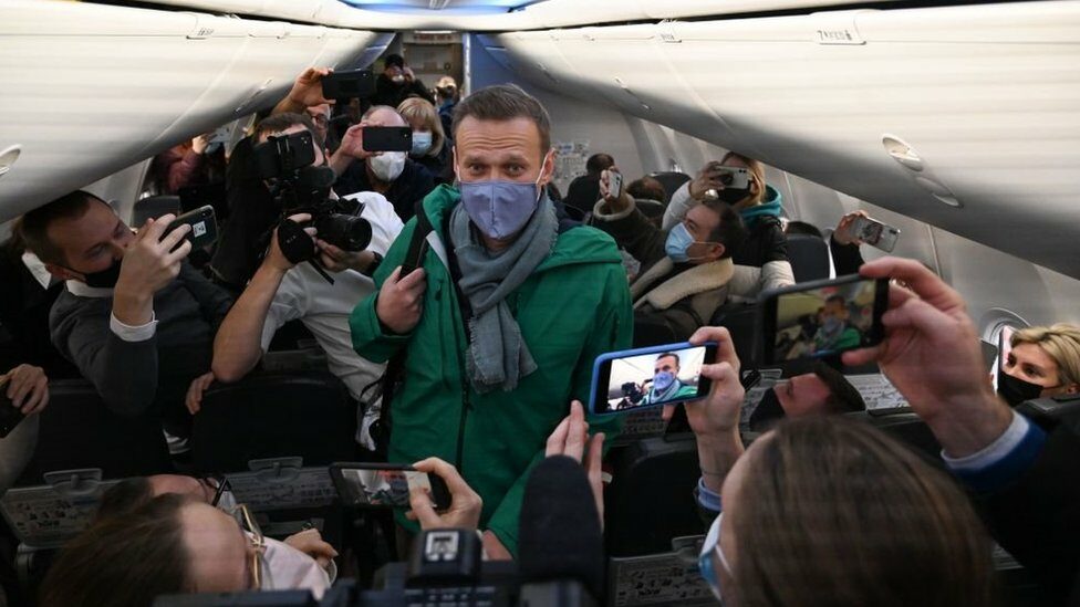 Alexei Nawalni aboard the plane before take off from Germany, 17 January 2021.