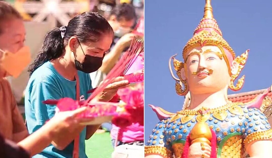 ชาวบ้านแห่เข้าวัด กราบพระขอพร ไม่พลาด จุดธูปไหว้ท้าวเวสสุวรรณ หวังโชคลาภ