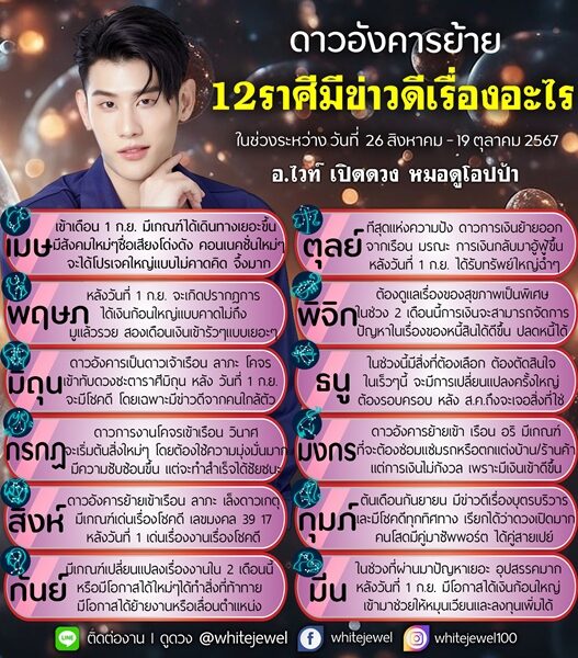 อ.ไวท์ เปิดดวงชะตา 12 ราศี ดาวอังคารย้าย ราศีใดได้เงินก้อนใหญ่ 2 เดือนเงินเข้ารัว ๆ ราศีใด เด่นเรื่องงาน เรื่องโชคดี เตือน ราศีใดต้องดูแลสุขภาพเป็นพิเศษ