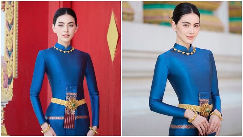 สวยสง่า “ใหม่ ดาวิกา” สวมชุดไทยบรมพิมานสีน้ำเงิน ร่วมบุญเป็นเจ้าภาพกฐิน