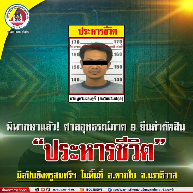 ศาลอุทธรณ์ภาค 9 พิพากษา ประหารชีวิต มือปืนยิงครูสมศรี เสียชีวิตระหว่างเดินทางกลับบ้าน เผยหลักฐานชัด เชื่อคือหนึ่งในคนร้าย